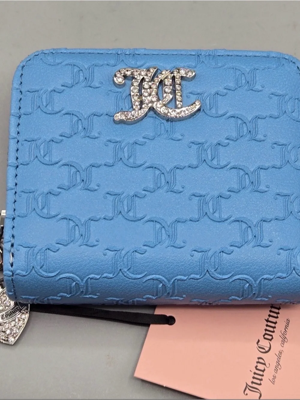 Juicy Couture Blue Embossed Zip Wallet with Rhinestone Logo